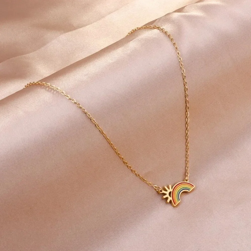Rainbow Sunshine Pendant Chain Necklace in Gold